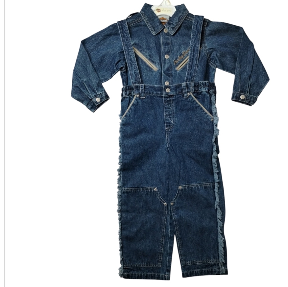 New Harley-Davidson Kids Denim Shirt And Suspender Pant Set Size 4T